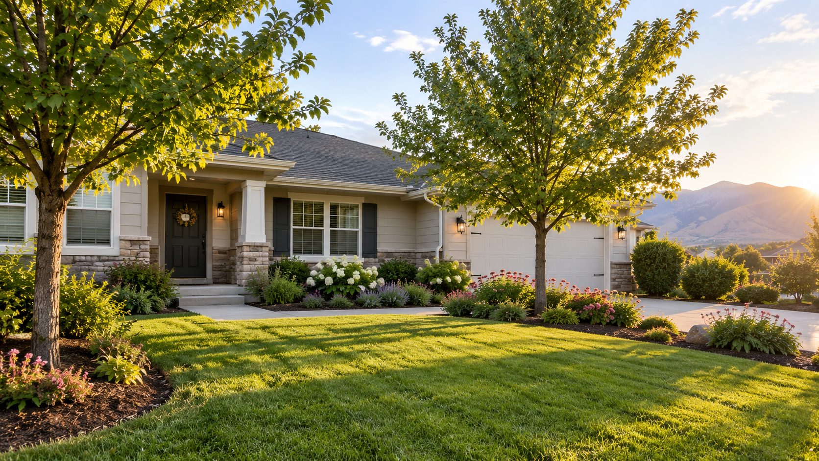 Freshly maintained residential lawn and landscaping