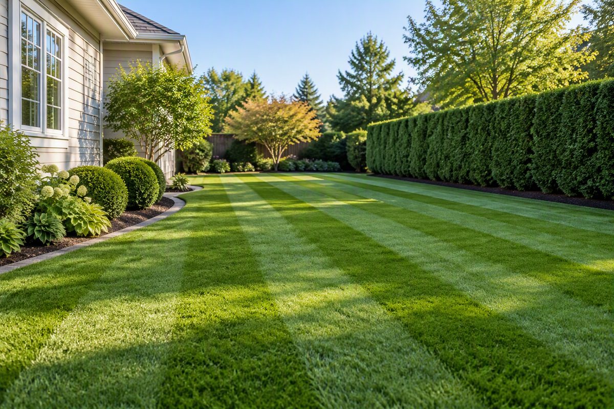 Freshly mowed lawn beside a home