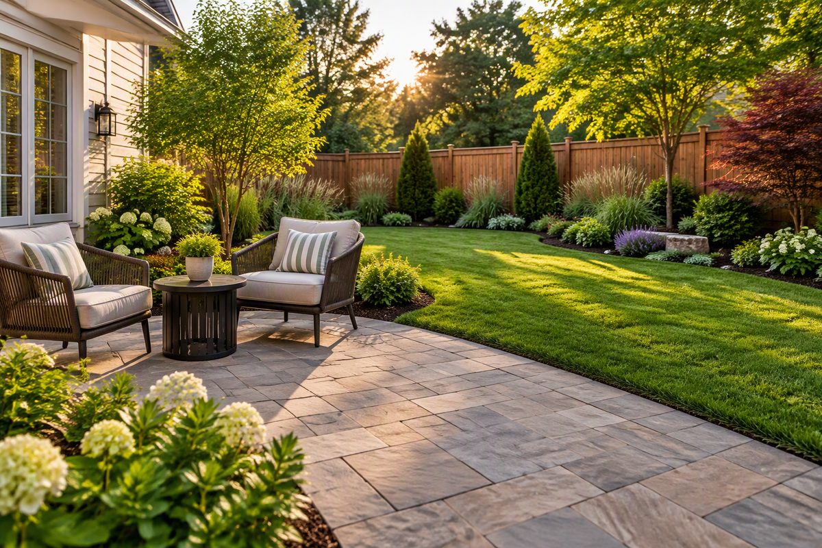 Landscaped backyard patio and lawn